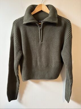 George Olive Green Ribbed Quarter-Zip Crop Cotton-blend Sweater